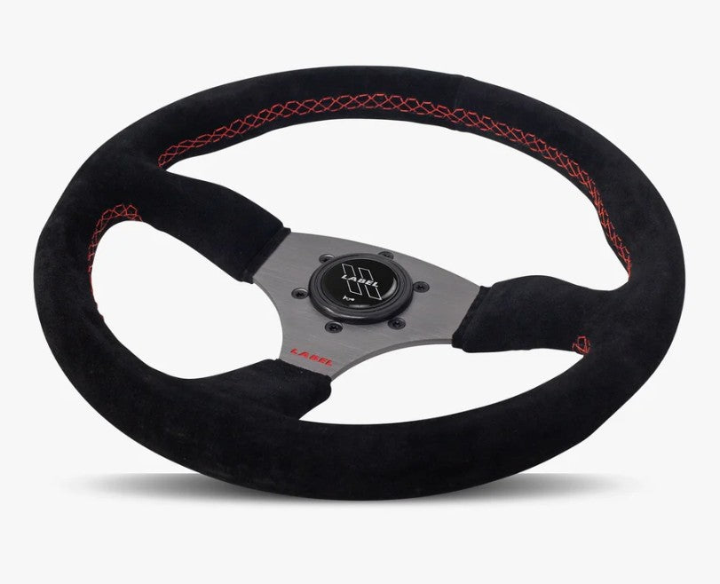 The Performa | Black Alcantara Suede | Graphite Spoke | Red Stitch