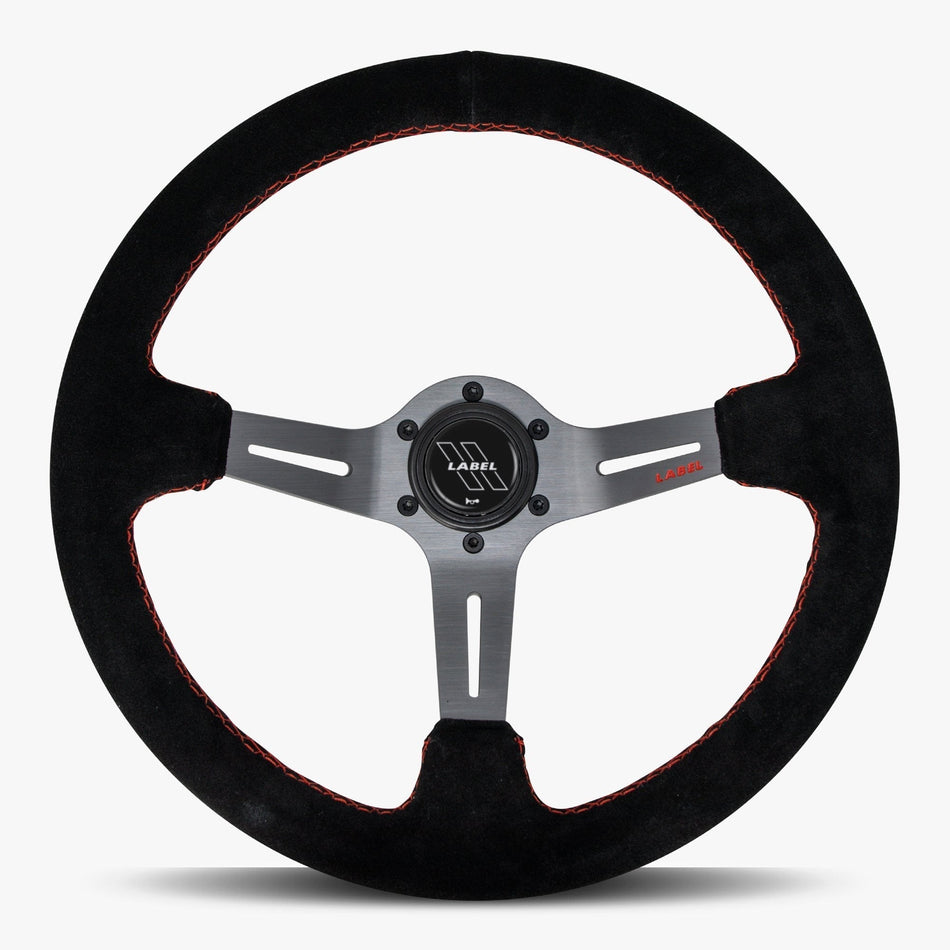 The Le Mans | Black Alcantara Suede | Graphite Spoke | Red Stitch