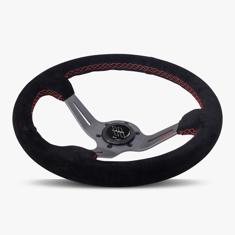 The Le Mans | Black Alcantara Suede | Graphite Spoke | Red Stitch
